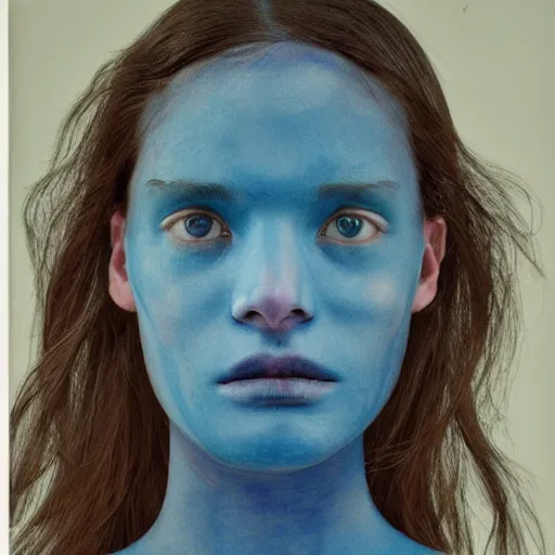 Prompt: portrait of a beautiful girl by Vanessa Beecroft :: blue skin