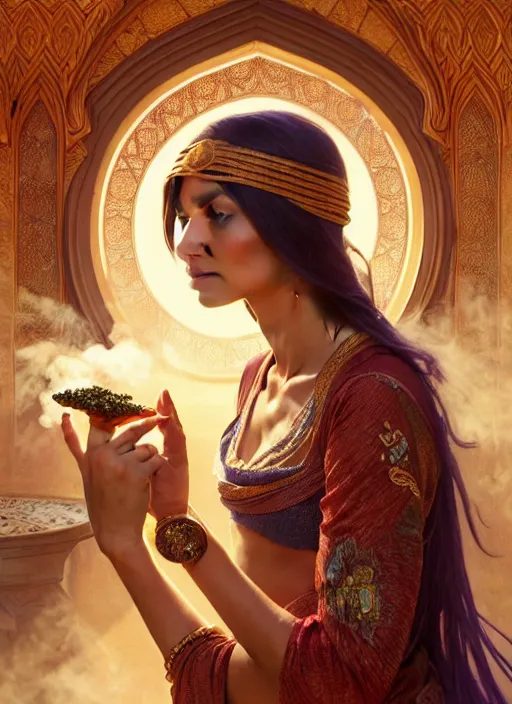 Prompt: a young arabian lady smoking herbs at a desert spice market, shiny, fantasy, intricate, elegant, hyper detailed, ultra definition, photoreal, artstation, unreal engine rendered, concept art, smooth, sharp focus, illustration, art by artgerm and greg rutkowski and alphonse mucha and garis edelweiss