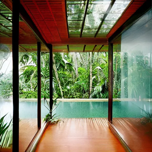 Prompt: A tropical modern villa designed by Charles Eames in a forest of Goa, photograph by Harry Gruyaert, shot on large format film camera, natural light, trending on VSCO, 8K, super-resolution