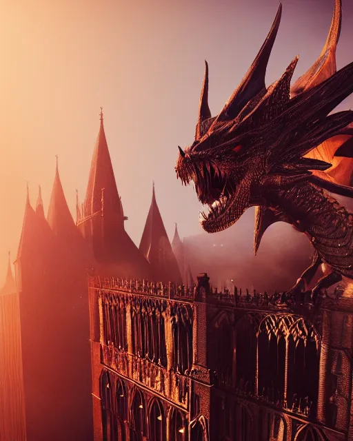 Image similar to a dragon perches atop a cathedral, menacing black dragon, cinematic, volumetric lighting, physically based render