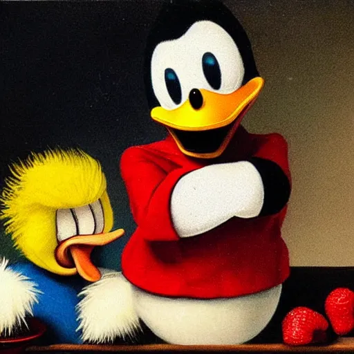 Prompt: donald trump and donald duck are sitting in front of a bowl of stawberries, in the style of rembrandt