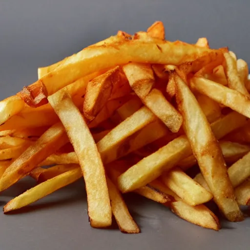 Prompt: french fries pile, burnt with ketschup - t