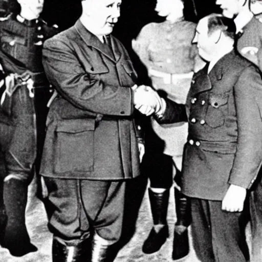 Prompt: adolf hitler shaking hands with shrek at the peace meetings, 1 9 4 0, recolored, vintage