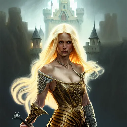 Prompt: A epic fantasy portrait of a blond woman, holding a sword, castle setting, horror movie lightning, intricate, elegant, highly detailed, digital painting, artstation, concept art, matte, sharp focus, illustration, art by Artgerm and Greg Rutkowski and Alphonse Mucha