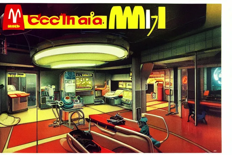 Prompt: 1 9 7 9 omni magazine cover depicting a surgical suite inside of a mcdonald's in neo - tokyo. in the style of bladerunner concept art by syd mead