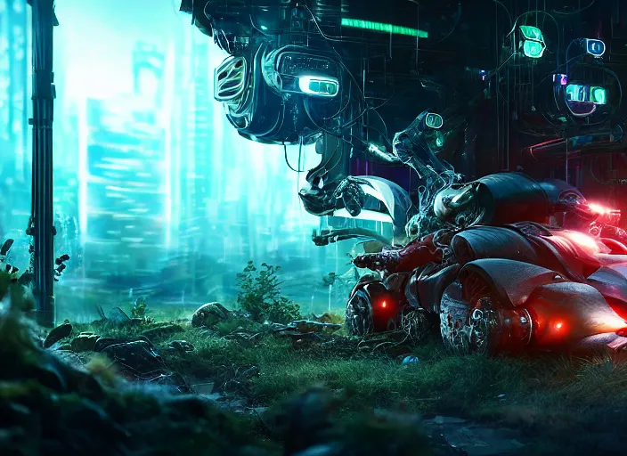 Image similar to portrait of a cyborg hedgehog, on the background of a weird magical mechanical forest. Very detailed 8k. Fantasy cyberpunk horror. Sharp. Cinematic post-processing. Unreal engine. Nanite. Ray tracing. Parallax. Tessellation