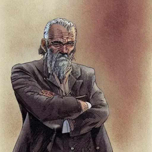 Prompt: a stunning render of a middle aged man with a greying beard by enki bilal and jean giraud moebius