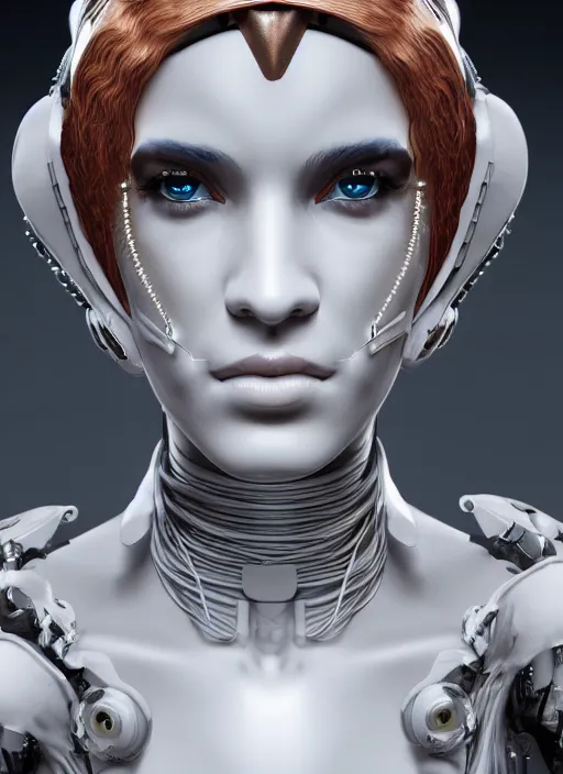 Prompt: white cyborg fashion shot, cyber copper wires and spirals hairdo, baroque design, headshot half figure, photorealistic, unreal engine, trending on artstation,