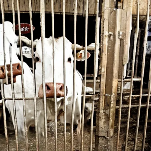 Image similar to dirty bottle of milk and a cow inside a cage, inside slaughterhouse