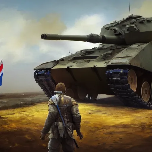 Image similar to a full body shot from distance of a great soldier with a yellow and blue flag standing in front of a Russian tank in triumph after battle, western, masculine figure, D&D, fantasy, intricate, elegant, highly detailed, digital painting, artstation, concept art, matte, sharp focus, symmetrical, illustration, art by Artgerm and Greg Rutkowski and Alphonse Mucha