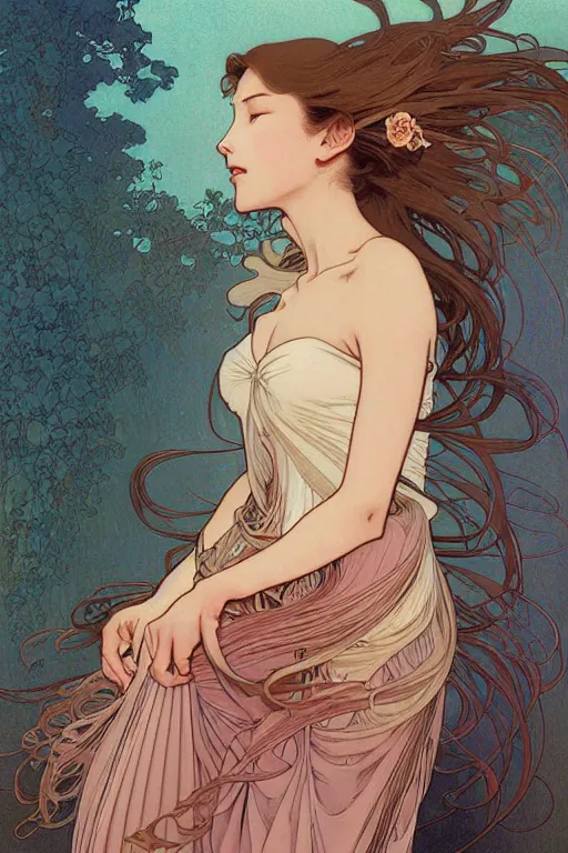 Image similar to beautiful portrait digital painting of a female, blush, pleated skirt, flowing hair, slim face, elegant, alphonse mucha, by yoichi hatakenaka, masamune shirow, josan gonzales and dan mumford, ayami kojima, takato yamamoto, barclay shaw, karol bak, yukito kishiro