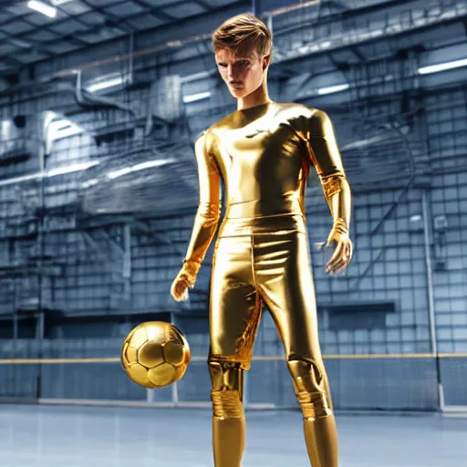 Image similar to a realistic detailed photo of a guy who is an attractive humanoid who is half robot and half humanoid, who is a male android, soccer players martin ødegaard, shiny skin, posing like a statue, blank stare, in a factory, on display, showing off his muscles, gold soccer shorts, side view, looking at each other mindlessly