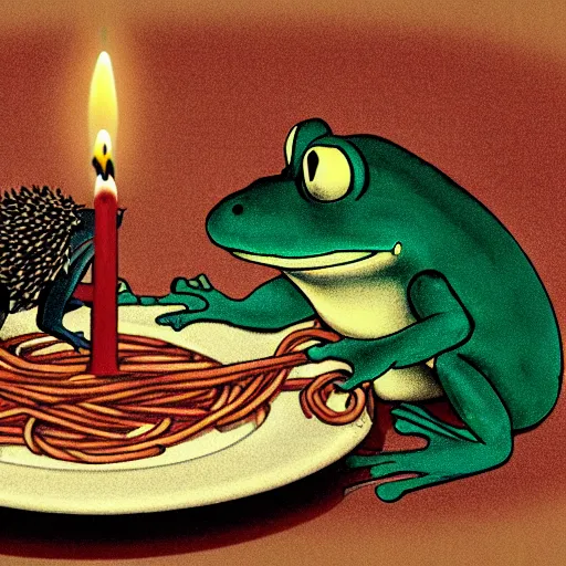 Prompt: frog and hedgehog on a romantic candlelit date eating spaghetti