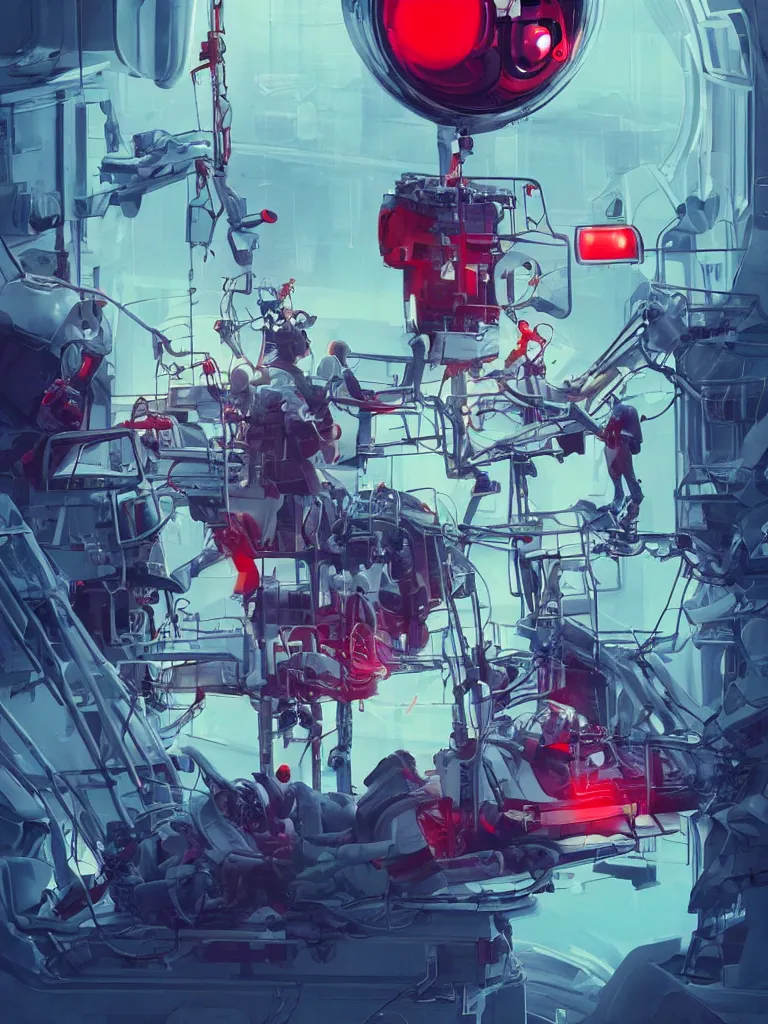 Image similar to graphic art of dystopian futuristic 1 0 mechanic surgeons in space suits, operate on a huge mouse head held by a crane. ominous glowing red netflix sign in the background, trending on art station, beeple