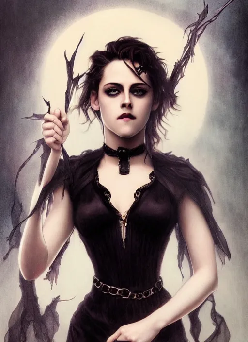 Image similar to portrait Kristen Stewart as a dark goth magician of the magic of darkness, full length shot, shining, 8k highly detailed, sharp focus, illustration, art by artgerm, mucha, bouguereau