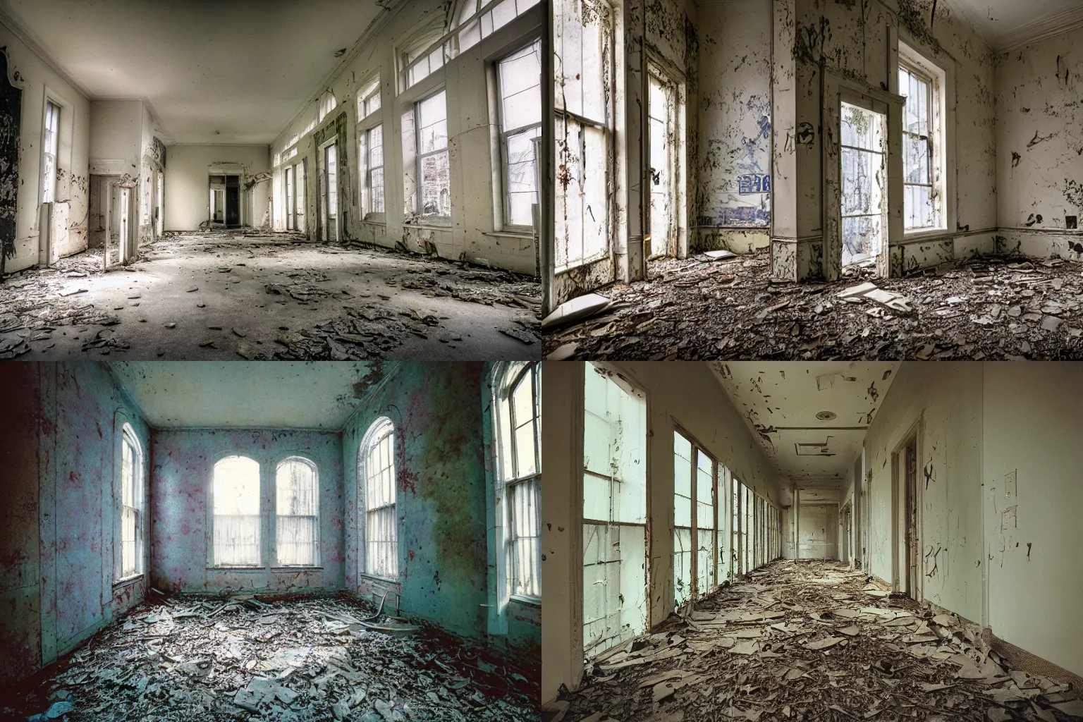 Prompt: abandoned asylum, cinestill eastmancolor, liminal space