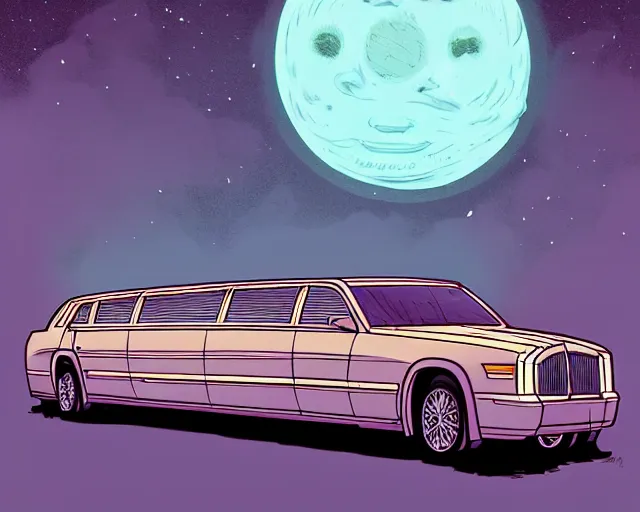 Image similar to a study of cell shaded cartoon big fat limousine, in front of a big moon, illustration, wide shot, muted colors, post grunge, concept art by josan gonzales and wlop, david rubin, mike mignola, laurie greasley, highly detailed, sharp focus, trending on artstation, hq, deviantart, art by artgem