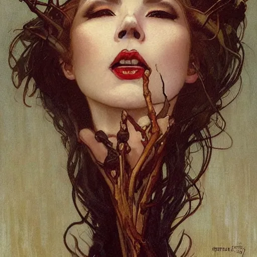 Prompt: portrait of a menacing beautiful vampire, face only, closed eyes and mouth, by Stanley Artgerm Lau , greg rutkowski, thomas kindkade, alphonse mucha, loish, norman rockwell, J. C. Leyendecker. hair waving in the wind, pale skin, sinister complexion, thorn crown, imagine bordered by thorns. D&D, fantasy. Trending on artstation rule of thirds extremely detailed illustration hd 4k