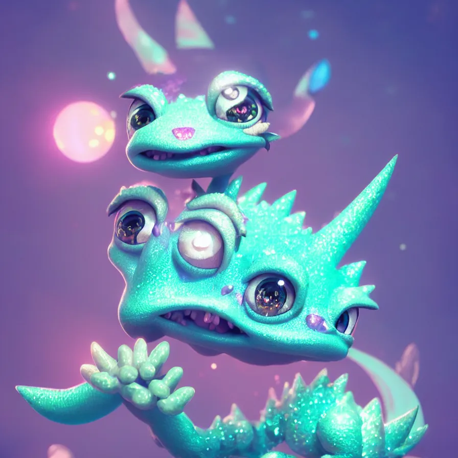 Prompt: character design of a cute baby dragon, big eyes, soft scale texture, pastel colours, shiny glitter crystals, cute, adorable, pixar animation style, detailed, soft light, octane render, 4 k,