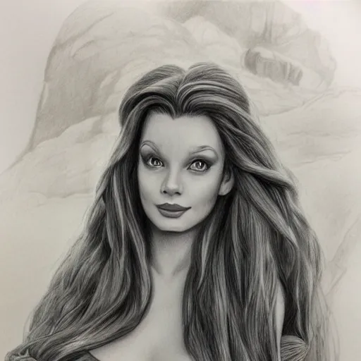 Prompt: beautiful pencil drawing of little mermaid portrait from disney by alex ross