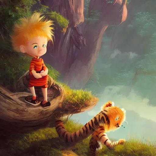 Prompt: Calvin and Hobbes in a fantasy realm, made by Stanley Artgerm Lau, WLOP, Rossdraws, ArtStation, CGSociety, concept art, cgsociety, realistic, foto realism, octane render, trending on artstation, artstationHD, artstationHQ, unreal engine, 4k, 8k,