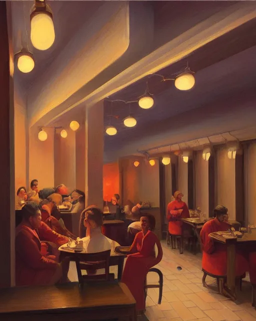 Image similar to restaurant from the 50's painted by George Tooker volumetric lighting, back lighting, rimlight, dramatic lighting, digital painting, highly detailed, artstation, sharp focus, illustration, Artgerm, Jean-Léon Gérôme , ruan jia