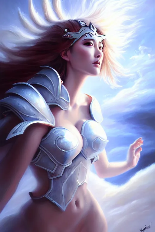 Image similar to oil painting, white, sakimi chan, fantasy armor, detailed face, flying, tony sart, wind, lightning, dramatic lighting