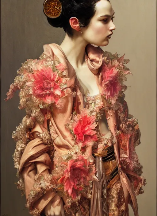 Image similar to highly detailed oil painting | very intricate | cinematic lighting | award - winning | watermelon kimono fashion by alexander mcqueen | by roberto ferri, by tom bagshaw, by j. c. leyendecker and klimt, american romanticism, by austin osman spare, artstation, cgsociety, official art, octane