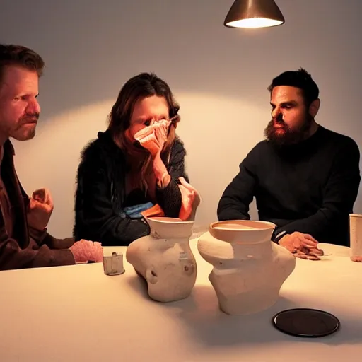 Image similar to the installation art depicts two people, a man and a woman, sitting at a table. the man is looking at the woman with a facial expression that indicates he is interested in her. the woman is looking at the man with a facial expression that indicates she is not interested in him. there is a lamp on the table between them. by andrew robinson mild