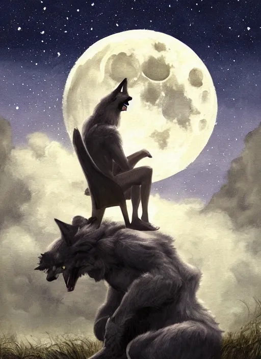 Prompt: a painting of a werewolf at night sitting next to a human child in front of full moon, mysterious atmosphere, fantasy art, matte painting