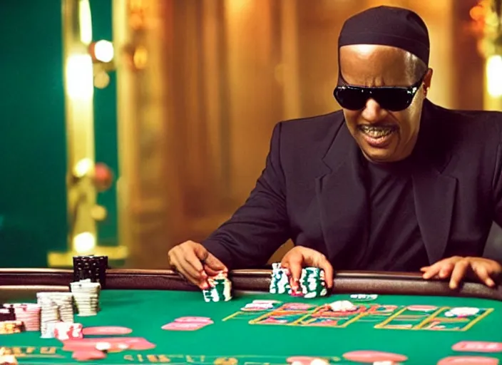 Prompt: film still of Stevie Wonder playing Poker in the new CASINO ROYAL movie, 8k