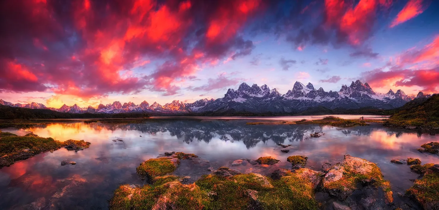 Image similar to amazing landscape photo of mountains with lake in sunset by marc adamus, beautiful dramatic lighting