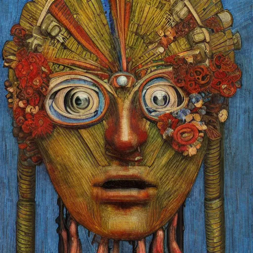 Image similar to portrait of a robot wearing a facemask made of flowers, by annie swynnerton and jean delville and rufino tamayo and edward hopper and evelyn de morgan, art deco flower shaman, art brut, outsider art, symbolist, dramatic lighting, god rays, elaborate geometric ornament, clean crisp graphics, smooth sharp focus, extremely detailed, adolf wolfli