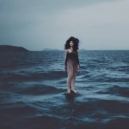 Prompt: lorde with a velvet crown and black gown standing on a raised translucent platform in the middle of the sea, night time with milky way in the sky. cinematic, 3 5 mm film, sharpness, nostalgic and melancholic 4 k, 8 k