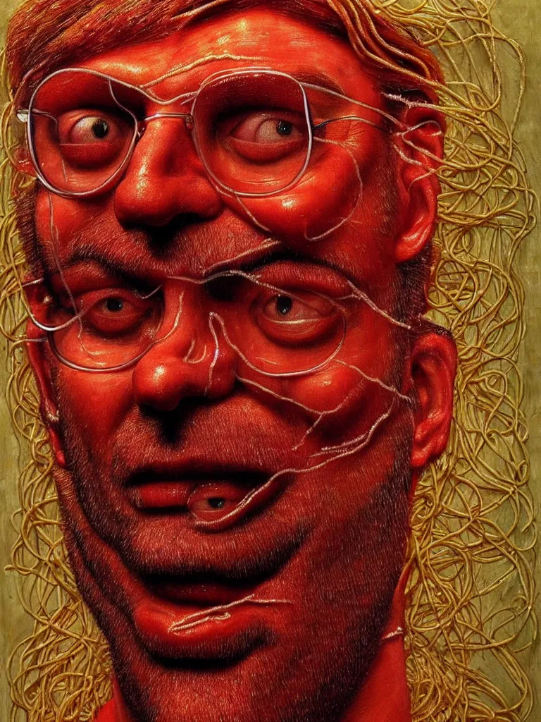 Image similar to jurgen klopp made of spaghetti and tomato sauce, by giuseppe arcimboldo and ambrosius benson, renaissance, intricate and intense oil paint, a touch of beksinski and hr giger and edward munch, realistic