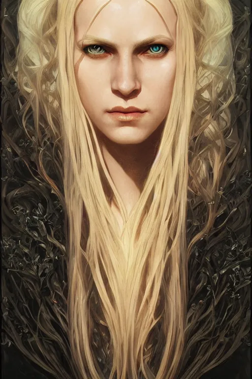 Image similar to portrait of a wise blonde elven mage, dark, piercing eyes, gentle expression, elegant clothing, photorealistic, highly detailed, artstation, smooth, sharp focus, art by michael whelan, artgerm, greg rutkowski and alphonse mucha