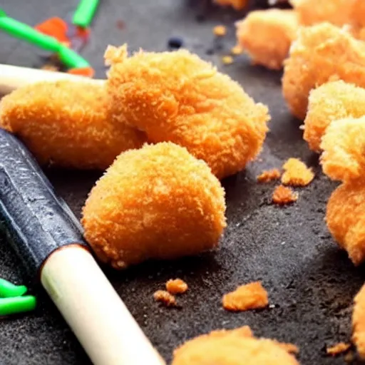 Prompt: chicken nugget getting hit by a baseball bat