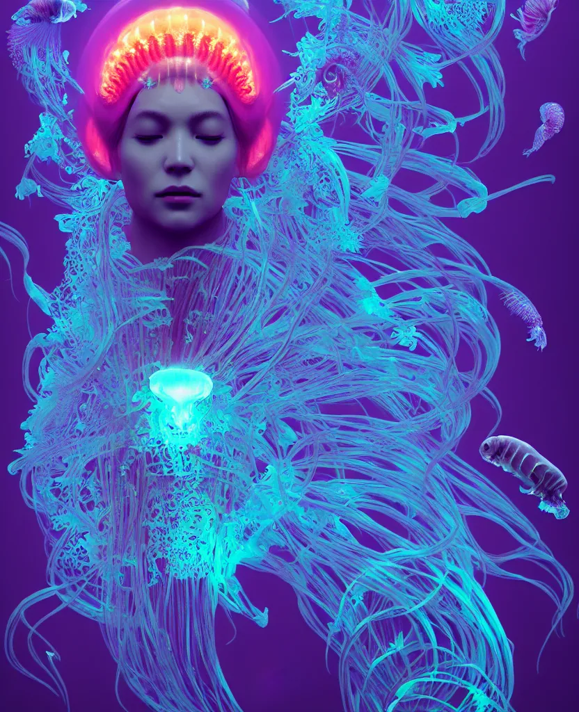 Image similar to goddess close-up portrait. orchid jellyfish phoenix head, nautilus, skull, betta fish, bioluminiscent creatures, intricate artwork by Tooth Wu and wlop and beeple. octane render, trending on artstation, greg rutkowski very coherent symmetrical artwork. cinematic, hyper realism, high detail, octane render, 8k