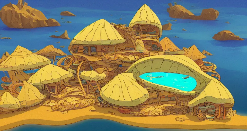 Image similar to giant seashell house in the ocean, by laika, ralph mcquarrie, in the style of zelda windwaker, triadic color scheme, cell shading, 3 d