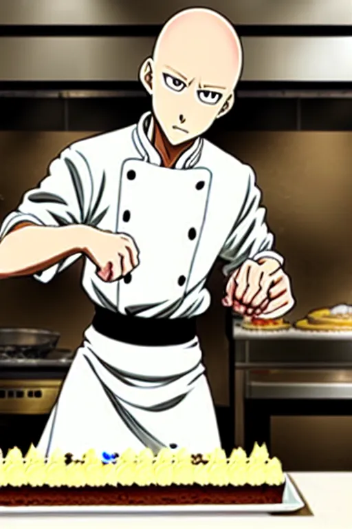 Image similar to chef saitama one punch man, dressed as a pastry chef, focused at making a cake, beautiful anime artwork