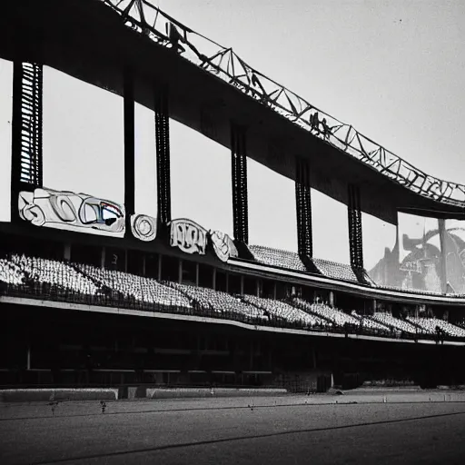 Image similar to art deco sports stadium, chicago, city, dark city, film noir, olympics event 1930's, moody lighting, cinematic, movie frame, Road to Perdition