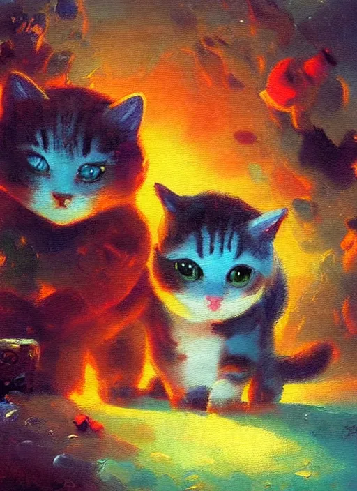 Image similar to colourful painting of two cute little kitties, art in paul lehr style, wide shot, bright, soft lighting, focus, masterpiece art - w 7 0 4