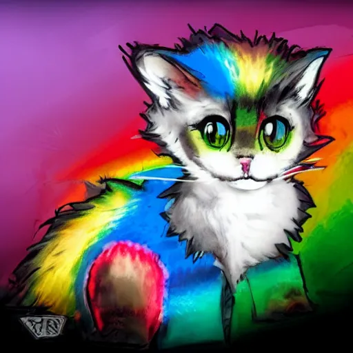 Image similar to wide angle full body, jacket wearing fluffy cute rainbow kitten wearing a black leather motorcycle jacket, riding on a motorcycle, cinematic concept art