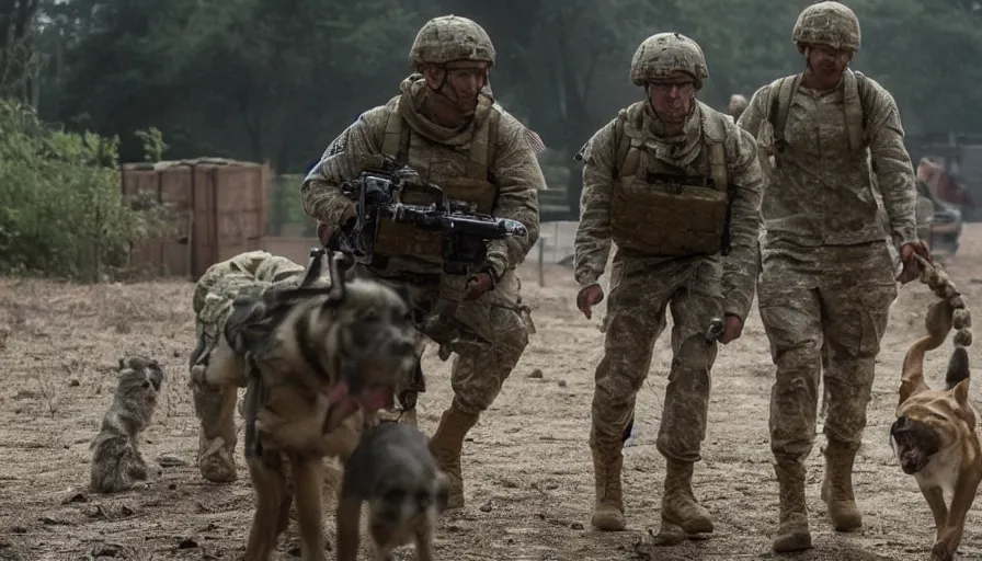 Image similar to a big budget movie about a soldier sends a dog to attack a cyborg