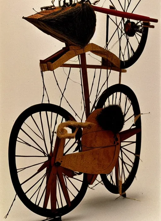 Image similar to realistic photo of a a medieval ritual astronomy appliance bicycle, made of wood white clay and fur with black wires 1 9 9 0, life magazine reportage photo, natural colors, metropolitan museum collection