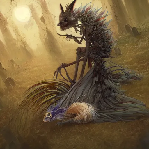 Prompt: art by yuji ikehata of a foxfolk character with a skeletal mouth and a along albino peacock tail wearing long intricate mage robes and casting a powerful spell for necromancy at night in a graveyard nongraphic, screenshot, anime, vhs, halloween decorations, spirits, realistic