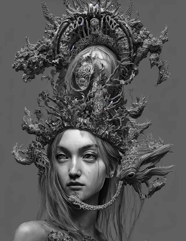 Image similar to symmetrical, centered, zbrush sculpt of goddess close-up portrait wigh crown made of skulls. phoenix betta fish, phoenix, bioluminiscent creature, super intricate ornaments artwork by Tooth Wu and wlop and alena aenami and greg rutkowski