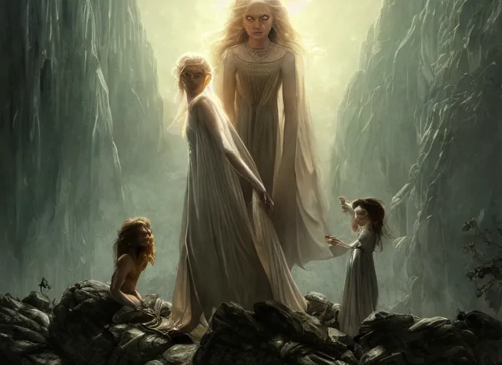 Image similar to a dramatic highly detailed render of the Galadriel and Gollum family, Middle-earth , by WLOP and Artgerm and Greg Rutkowski and Alphonse Mucha, Beautiful dynamic dramatic dark moody lighting, shadows, cinematic atmosphere, Artstation, Octane render, 8K, masterpiece, sharp focus, hyperrealistic, photograph