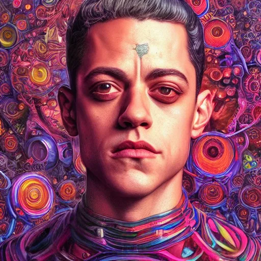 Prompt: portrait of rami malek, hyper detailed masterpiece, neon floral pattern, jean giraud, digital art painting, darkwave goth aesthetic, psychedelic, artgerm, donato giancola and tom bagshaw