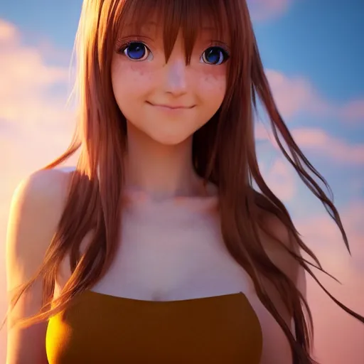 Image similar to Render of a very beautiful 3d anime girl, long hair, hazel eyes, cute freckles, full round face, short smile, cute sundress, golden hour, space setting, medium shot, mid-shot, highly detailed, trending on Artstation, Unreal Engine 4k